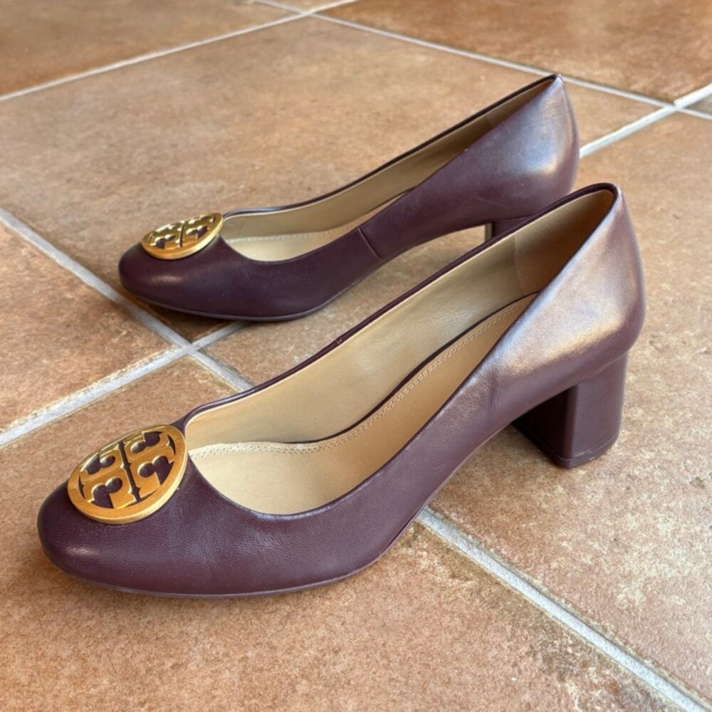 Tory Burch Benton Burgundy Block Heel Pumps Classic Polished Office Event size 8 - Picture 12 of 15